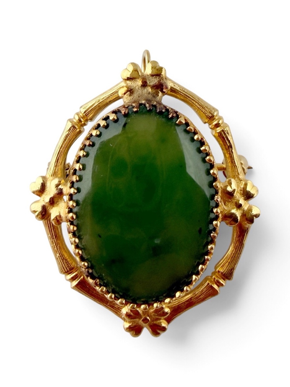 KL Sterling Silver Gold Vermeil Four Leaf Clover Green Glass Oval Brooch Pendant